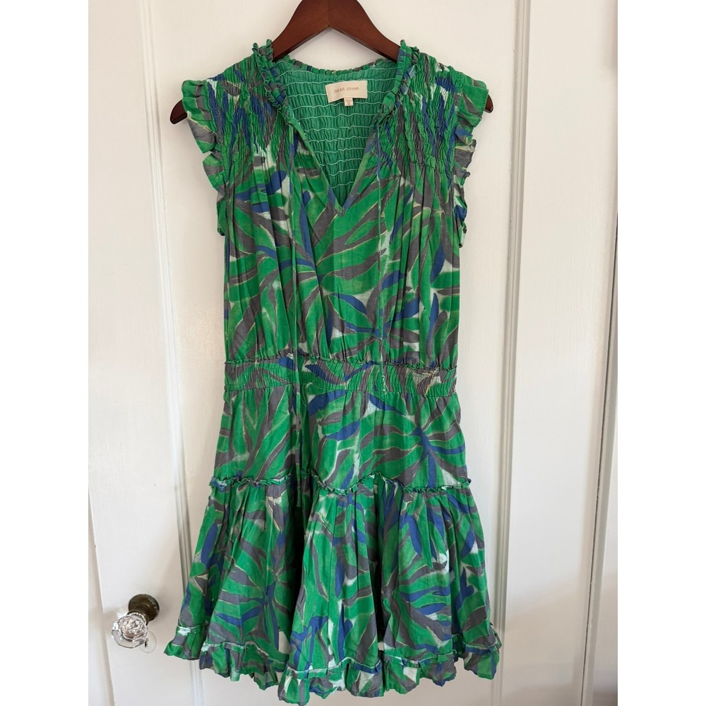 Dear John Dress Women's Medium Green Palm Print Smocked Tiered